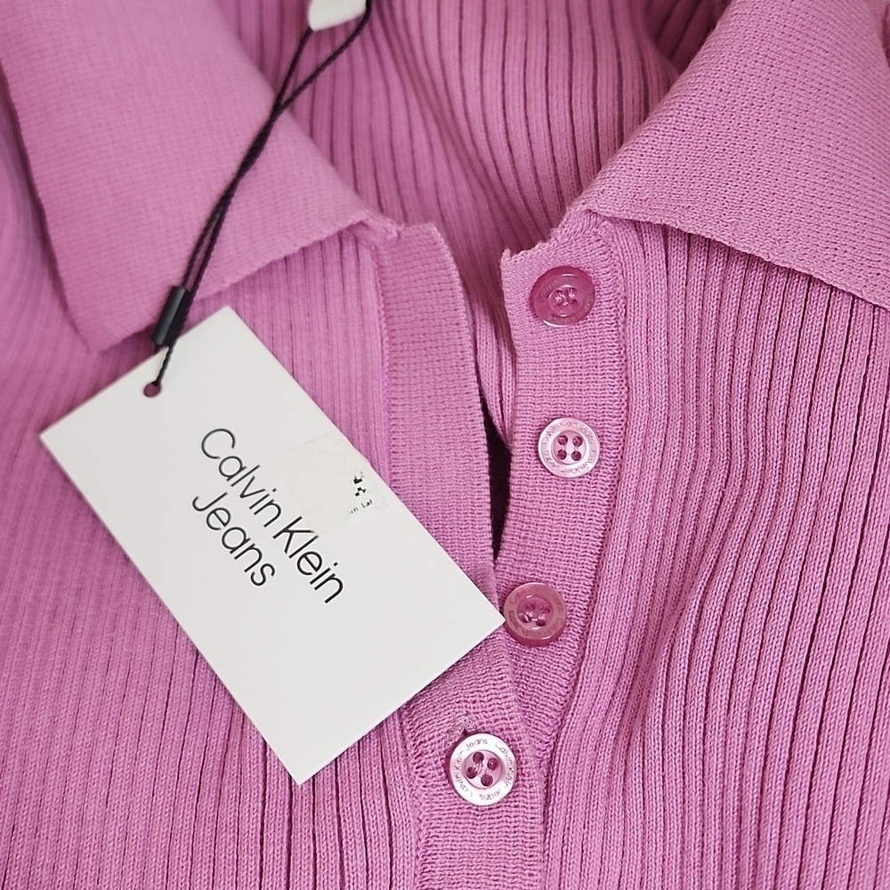 New Y2K Calvin Klein Hot Pink Cotton Cropped Ribbed Polo Top Large - Picture 7 of 9